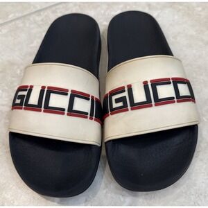 Gucci Stripe Logo Rubber Ecru Unisex Flip Flops Slide Sandal US Men 7 W8.5 EU 39